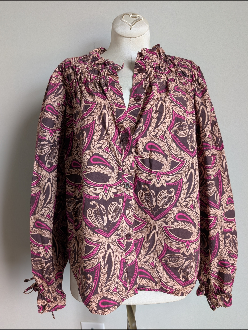 Strut And Bolt Women’s Floral Ruffle-Neck Blouse - Pink, Brown, Cream Size S-M